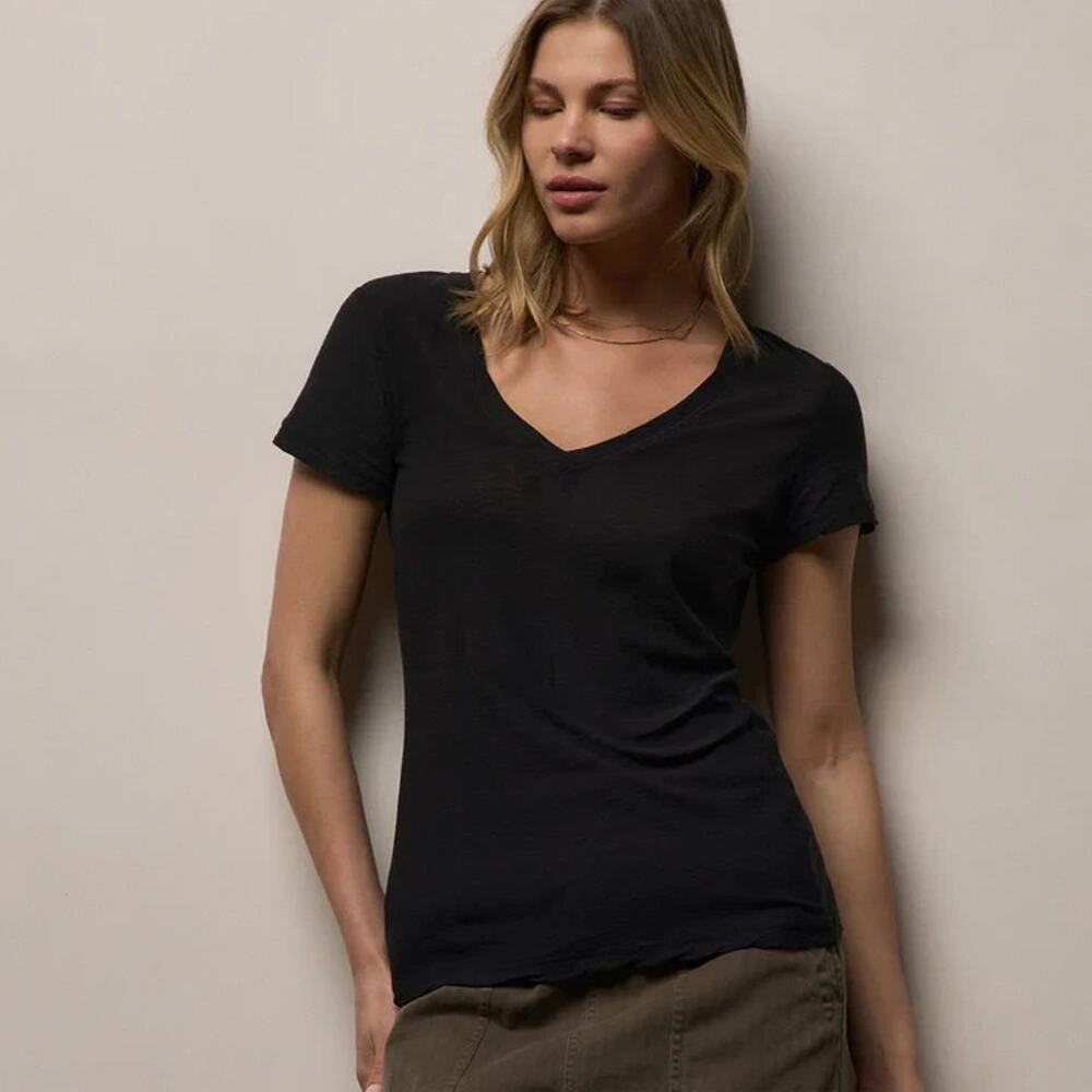 James Perse Sheer Slub V Neck Tee Top Black 2 US Medium